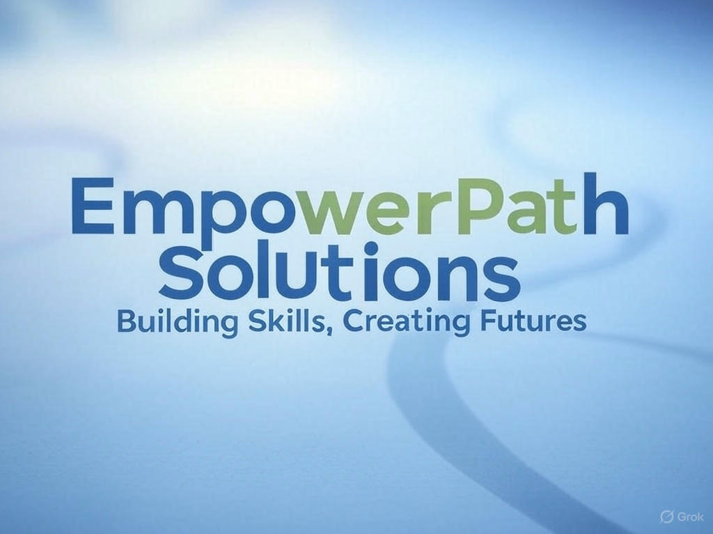A blue and white logo with the words empowerpath solutions.